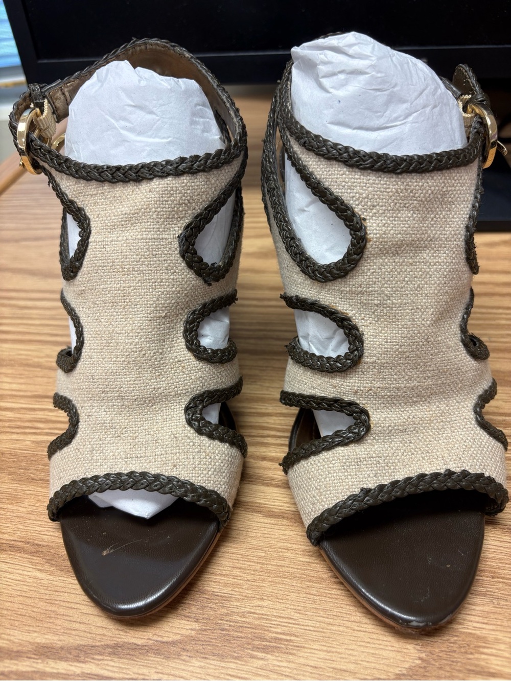 Tahari Neutral Canvas Braided-Trim Open-Toe Sandals with Ankle Buckle